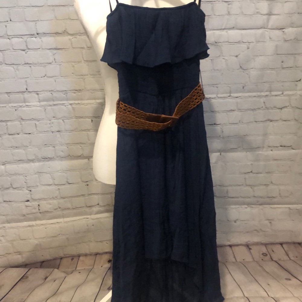 IZ small dark blue strapless dress with brown belt